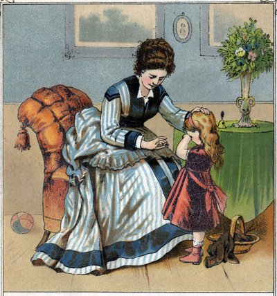 Berthe piange perché si è punta un dito mentre cuciva. Sua madre la rimprovera per aver dimenticato di usare il ditale. Cromolitografia tratta da "Scènes enfantines". pubblicata da Guerin - Muller intorno al 1885 da French School