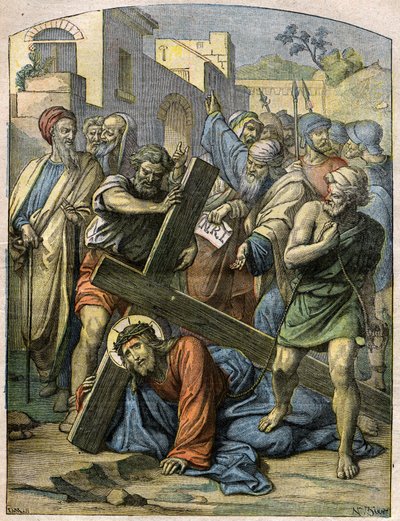 Via Crucis: Gesù cade una seconda volta. Incisione in "Le Pelerin" del 29 novembre da French School