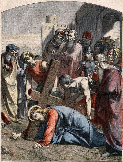 Scena biblica - Via Crucis: Gesù cade per la prima volta. Incisione in 