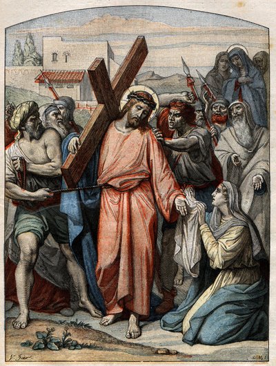 Scena biblica - Via Crucis: Gesù ha il volto asciugato da Santa Veronica. Incisione in "Le Pelerin" del 20 settembre 1896 da French School