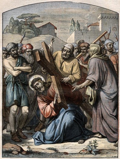 Scena biblica - Via Crucis: Gesù aiutato da Simone di Cirene. Incisione in 