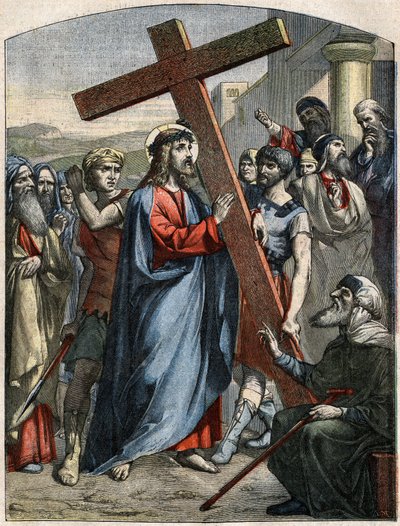 Scena biblica - Via Crucis: Gesù porta la croce. Incisione in 