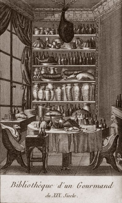 Biblioteca di un buongustaio del XIX secolo - incisione in "Almanach des gourmands, servendo come guida nei modi per fare eccellente caro. Di un vecchio amatore" di Alexandre Balthazar Laurent Grimod de la Reyniere - 1804-1812 da French School