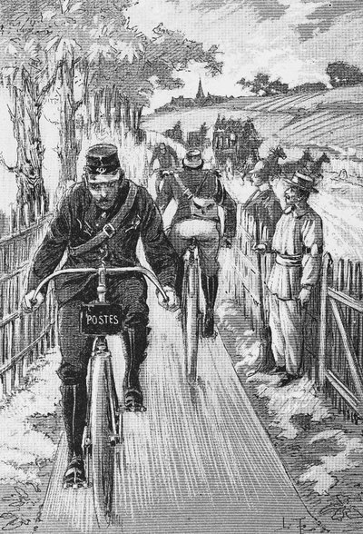 Pista ciclabile per fattori: progetto di pista Swift di M. Berruyer - in "Ciclismo teorico e pratico" di L. Baudry de Saunier, incisione, Bibl. della città di Parigi da French School