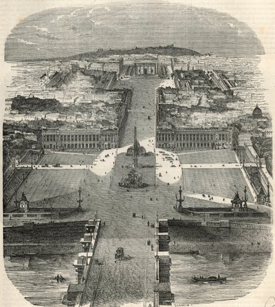 Veduta aerea di Place de la Concorde, rue Royale con la chiesa della Madeleine - Incisione in 