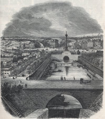 Veduta aerea del Canal Saint-Martin, la Piazza e il quartiere della Bastiglia, presa dalla riva destra della Senna - Incisione in "Tableau-de-Paris" di Edmond Texier 1852 da French School