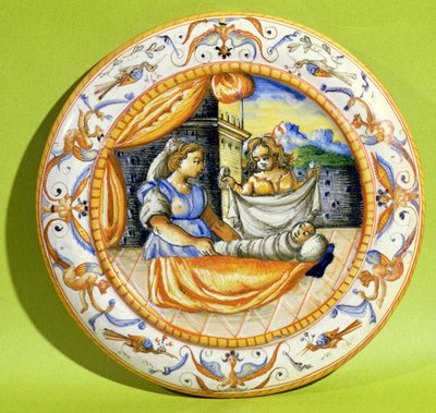Piatto della nascita che raffigura il neonato avvolto in fasce, da Lione (faience) da French School