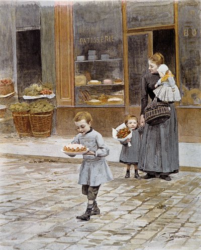Compleanno Un bambino esce da una pasticceria tenendo in mano la sua torta. Litografia del XIX secolo Parigi, arti decorative da French School