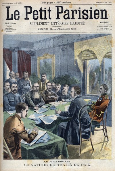 Guerra boera. La firma del trattato di pace del Transvaal tra i capi boeri e il generale britannico Horatio Herbert Kitchener (1850-1916) a Pretoria, Sudafrica. Incisione in "Le Petit Parisien" da French School