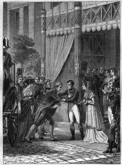 Bonaparte e Josephine de Beauharnais ricevono il giovane re di Etruria, Luigi I, accompagnato dalla moglie, Maria Luisa, nella loro casa a Malmaison nel luglio 180 da French School