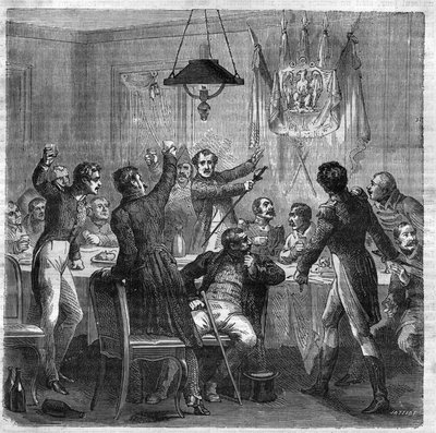 Banchetto bonapartista sotto la Restaurazione tra la caduta del Primo Impero il 6 aprile 1814 e la rivoluzione delle Tre Gloriose il 29 luglio 1830. Incisione in 