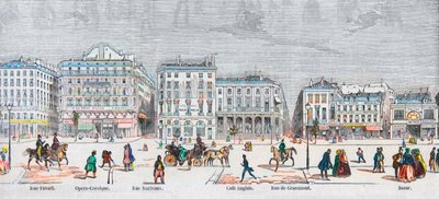 Boulevard des Italiens lato sud - Rue Favart - Opera comique - Rue Marivaux - cafe Anglais - Rue Grammont - Bazar - Incisione in 