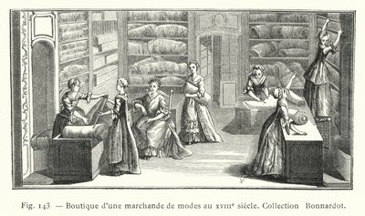 Boutique di una modista nel XVIII secolo, Collezione Bonnardot (incisione) da French School