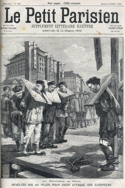 Rivolta dei Boxer in Cina nel 1898: Rivoltosi messi alla gogna per aver attaccato gli europei. Copertina di "Le petit parisien" del 1898 da French School