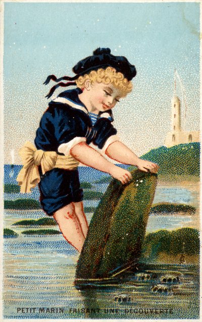 Ragazzo che guarda sotto una pietra sulla spiaggia da French School