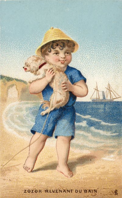 Ragazzo con cane sulla spiaggia da French School
