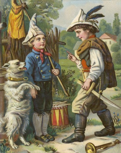 Ragazzi che giocano ai soldati con il loro cane in campagna da French School