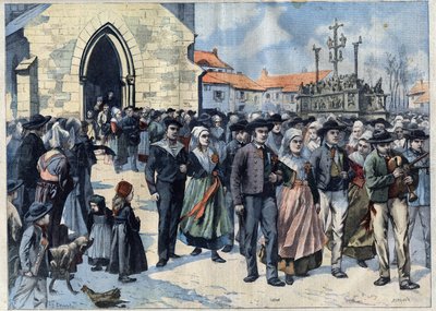 Usanza bretone: Matrimonio tradizionale a Plougastel (Finistere, Bretagna). Gli sposi escono dalla chiesa. Incisione in "Le Petro Parisien" da French School