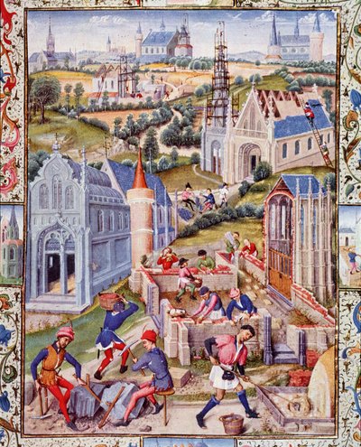 Cantieri a Saint Denis (Città) per la costruzione di 12 chiese in onore dei 12 apostoli. Miniatura tratta da 