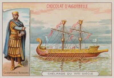 Burchard, comandante militare del regno di Carlo Magno, e una nave da guerra del IX secolo da French School
