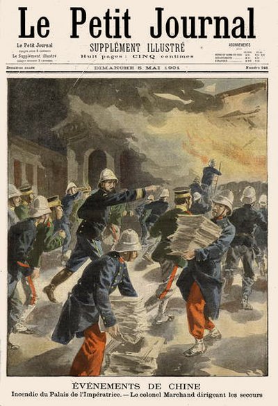 Incendio del Palazzo Imperiale a Pechino durante la ribellione dei Boxer del 1900-01, illustrazione di copertina di Le Petit Journal, 5 maggio 1901 da French School