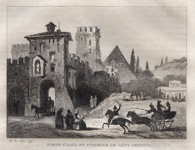 Piramide di Caio Cestio e Porta San Paolo a Roma - Incisione da 