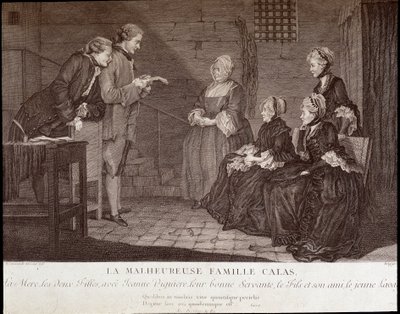 Affare Calas: La sfortunata famiglia di Jean Calas (morto nel 1762): la madre, le due figlie, con Jeanne Viguiere, la loro buona serva, il figlio e il suo amico, c.1762. da French School