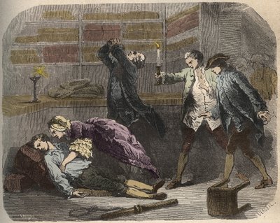 Caso Calas: il 13 ottobre 1761, Marc Antoine Calas trovato morto nella boutique di famiglia a Tolosa - Incisione in "Cause celebri di tutti i popoli" di Armand Fouquier (1817-18?) 1858-1867 - collezione privata da French School