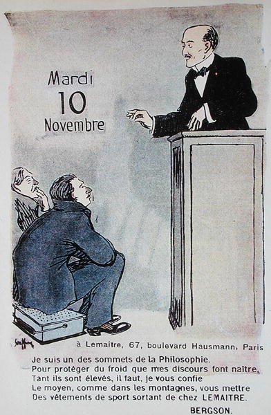 Calendario per il 1914 che pubblicizza abiti sportivi con una caricatura del filosofo francese Henri Bergson (1859-1941) da French School