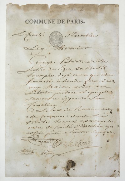 Appello di Maximilien de Robespierre a unirsi alla Comune, 9 Termidoro An 2 (27 luglio 1794) da French School