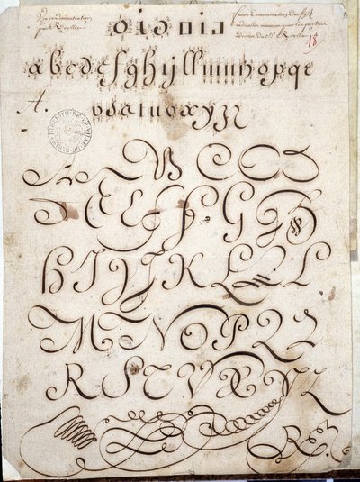 Calligrafia: Pezzo manoscritto di tondo su velina adornato con arabeschi intorno al 1813 da Sebastien Royllet. Biblioteca Storica della Città di Parigi da French School