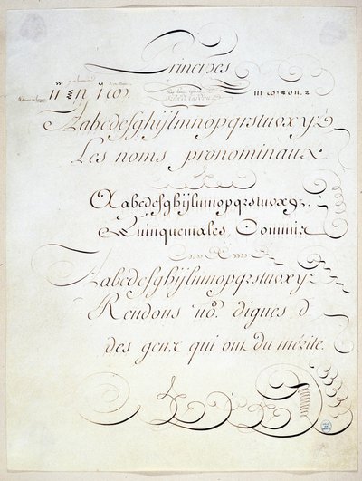 Calligrafia: Pezzo manoscritto che rappresenta il principio di tre scritture francesi, verso la fine del XVIII secolo di André Tardieu. da French School