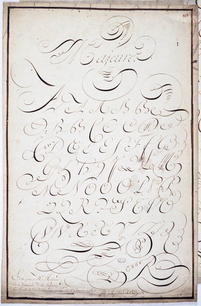 Calligrafia: Tavola di lettere maiuscole chiamate major batardes, calligrafate il 5 aprile da French School