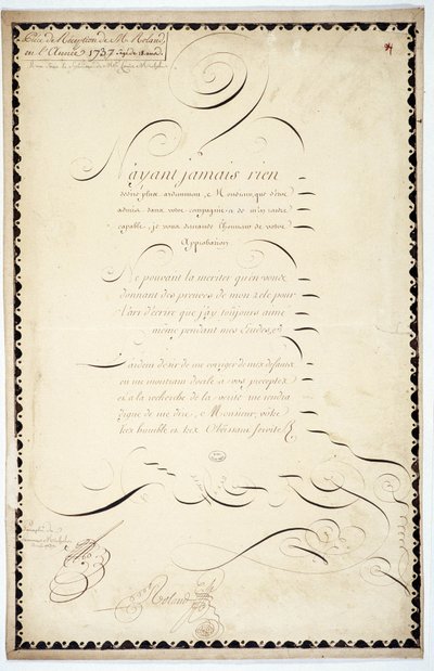 Calligrafia: pezzo di ricezione datato 1737 di Andre Francois Roland da French School