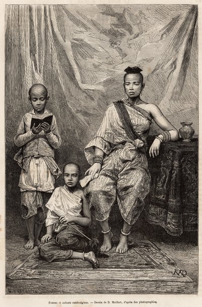 Donna cambogiana e bambini, incisione dopo un disegno di D.Maillart, illustrante il viaggio in Cocincina, del dottor Morice, nel 1872, pubblicato in 