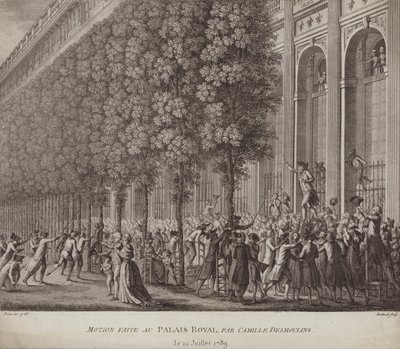 Camille Desmoulins che lancia un appello alle armi al popolo al Palais Royal, Parigi da French School