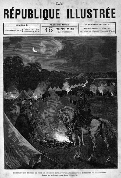 Campo delle truppe del Forte di Vincennes durante la pulizia degli edifici di quartiere. Un giornale. Incisione del 1880 in "La republique illustree" collezione privata. da French School