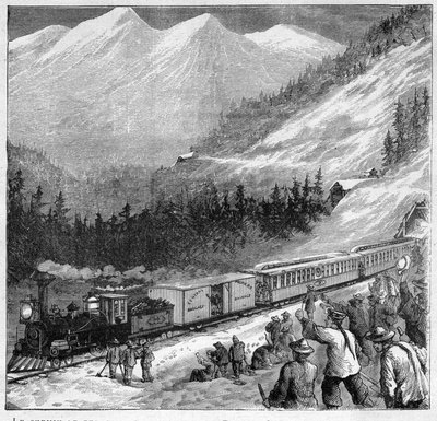 Canadian Pacific Railway nel 1888 - Passaggio di un treno nella Sierra Nevada - Incisione in 