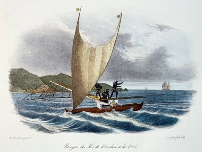Canoa con vela dalle Isole Vanikoro, Isole Salomone (arcipelago), incisione a colori da Voyage of discovery of the Astrolabe undertaken by order of the king, during the years 1826-1829, di Jules-Sebastien-Cesar Dumont d