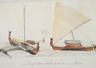 Canoe degli abitanti delle isole Pis e Iros (Isole Caroline), acquerello di Jules-Louis Lejeune, dal 