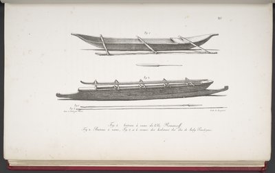 [Canoe delle Isole Marshall e una canoa e armi delle Isole Cook], da Voyage pittoresque autour du monde, avec des portraits de sauvages d