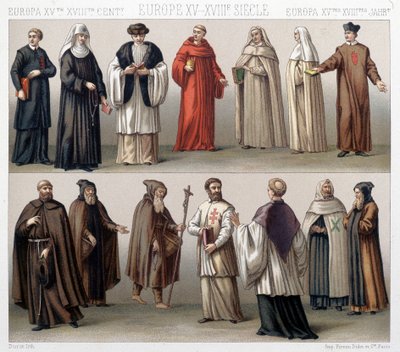 Canonici del Santo Sepolcro in Polonia. In alto: costumi del XVII e XVIII secolo. In basso: costumi del periodo antico da French School