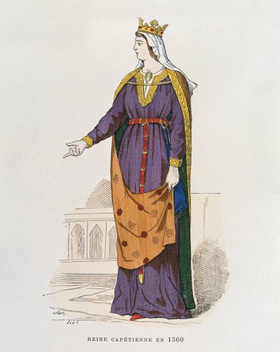 Regina capetingia nel 1360, da Costumes civils et militaires des francais a travers les siecles da French School