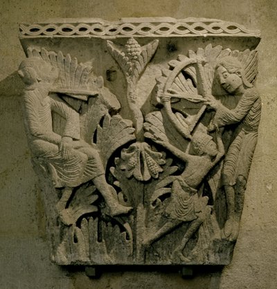 Capitello raffigurante un uomo che scocca una freccia nel collo di un altro, c.1125-30 (pietra calcarea) da French School