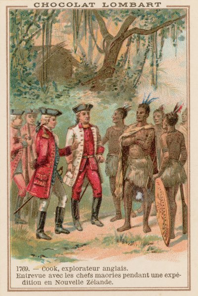 Il capitano James Cook incontra i capi Maori in Nuova Zelanda, 1769 da French School
