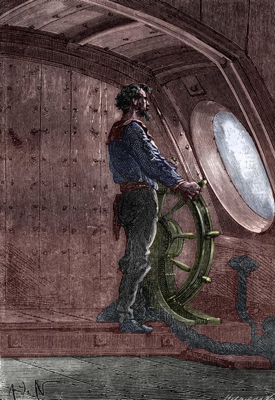 Il Capitano Nemo al timone del Nautilus, da "Twenty Thousand Lieues Sous Les Mers" di Jules Verne da French School