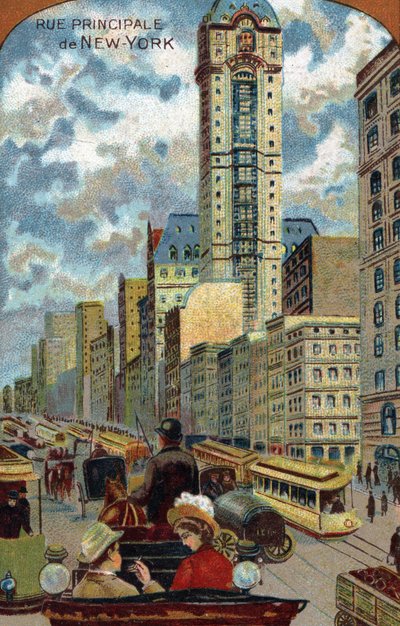 Traffico automobilistico a Broadway, New York (cromolitografia) da French School