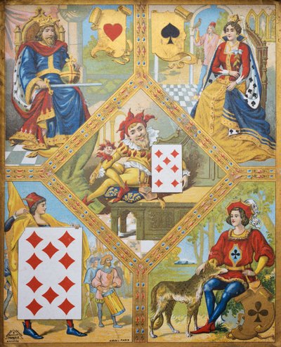 Gioco di carte, piatto con Re di cuori, Regina di picche, Dieci di quadri e Fante di fiori, nano Lindoro con Sette di quadri al centro, Francia da French School