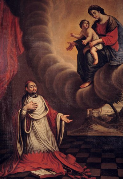 Il cardinale Berulle inginocchiato davanti alla Vergine da French School