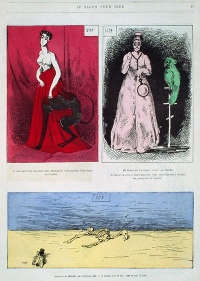 Caricature di pittori, Henri Regnault, Edouard Manet, Gustave Guillaumet, illustrazione da Le Salon pour Rire da French School